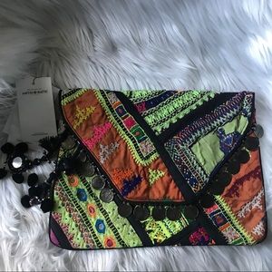 ANTIK BATIK Banjo Embellished Clutch Green/Orange